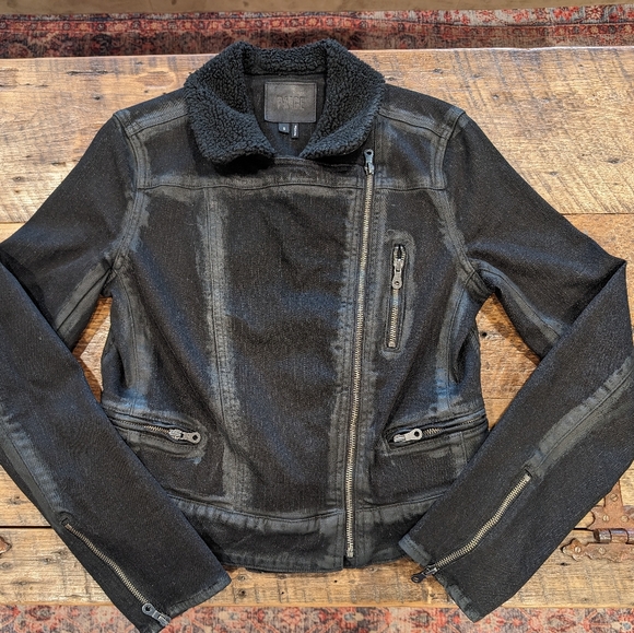 PAIGE Jean Jacket Sydney Women's Small Moto Sherpa Coated Black Stretch Denim - Picture 5 of 16